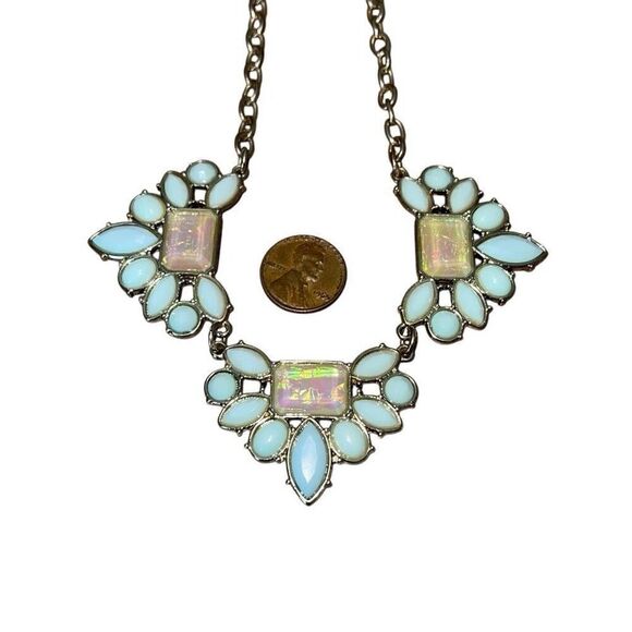 Opalescent Three Large Clusters Rhinestone Chain Statement Necklace Blue Gold To - Picture 2 of 5